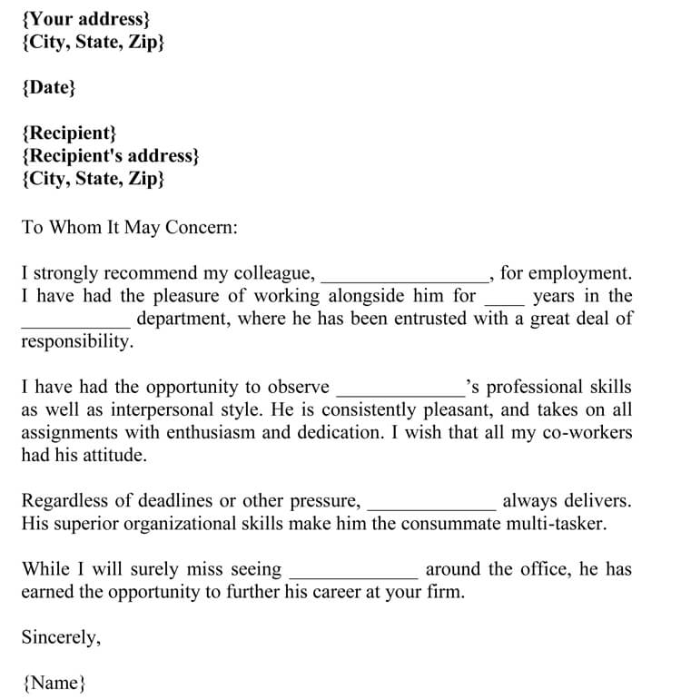 Recommendation Letter For Coworker from www.wordtemplatesonline.net