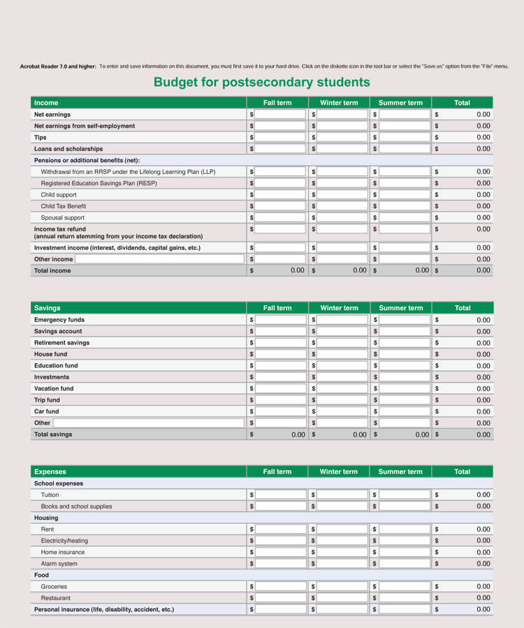 College student Budget Template