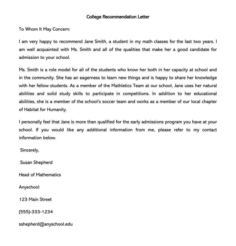 Great Editable Student Recommendation Letter for Early Admissions Program Sample 01 as Word Document