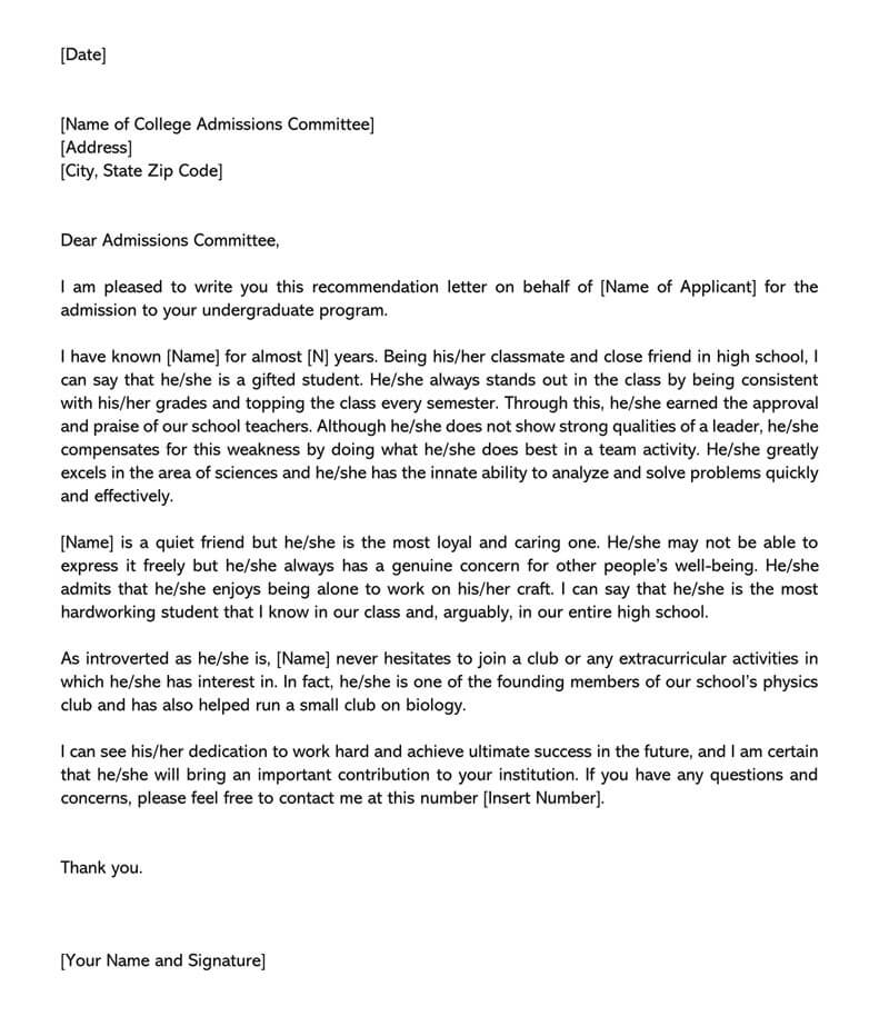 Sample Reference Letter For Student Applying To College