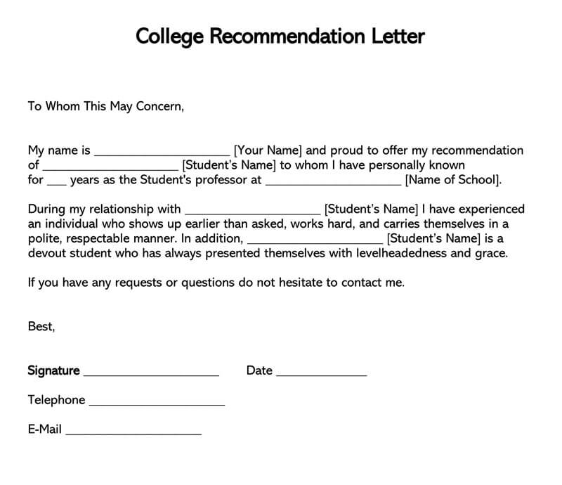 college application letter of recommendation template