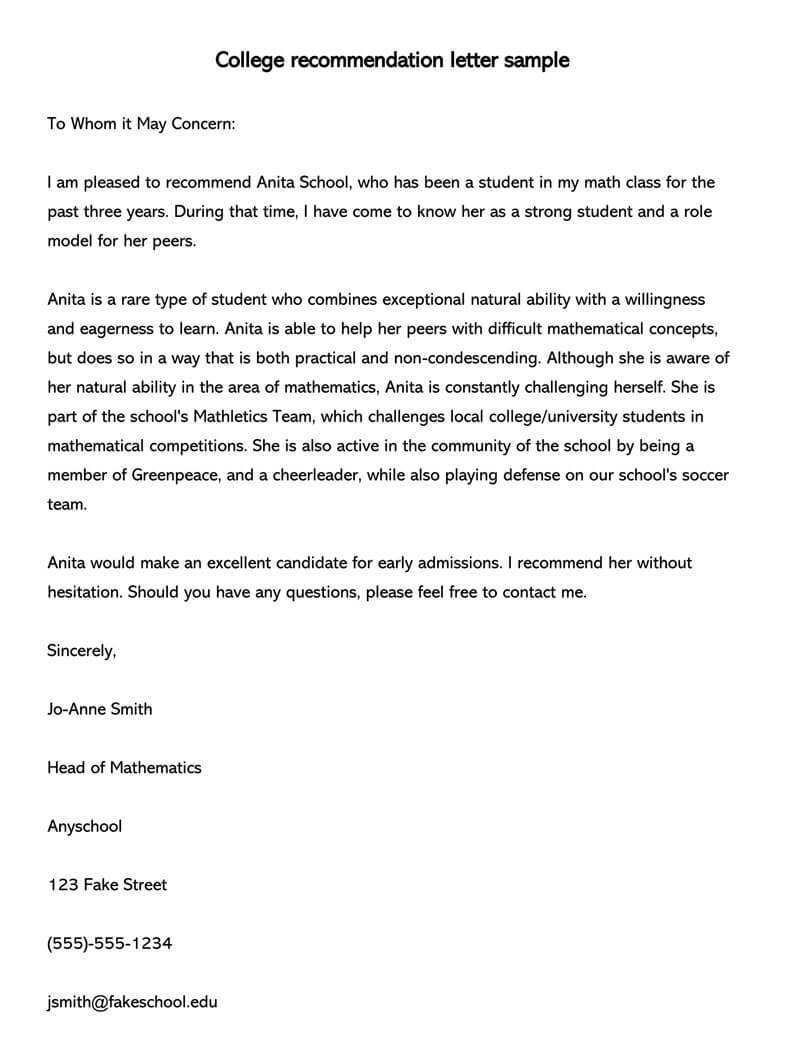 College Letter Of Recommendation Template