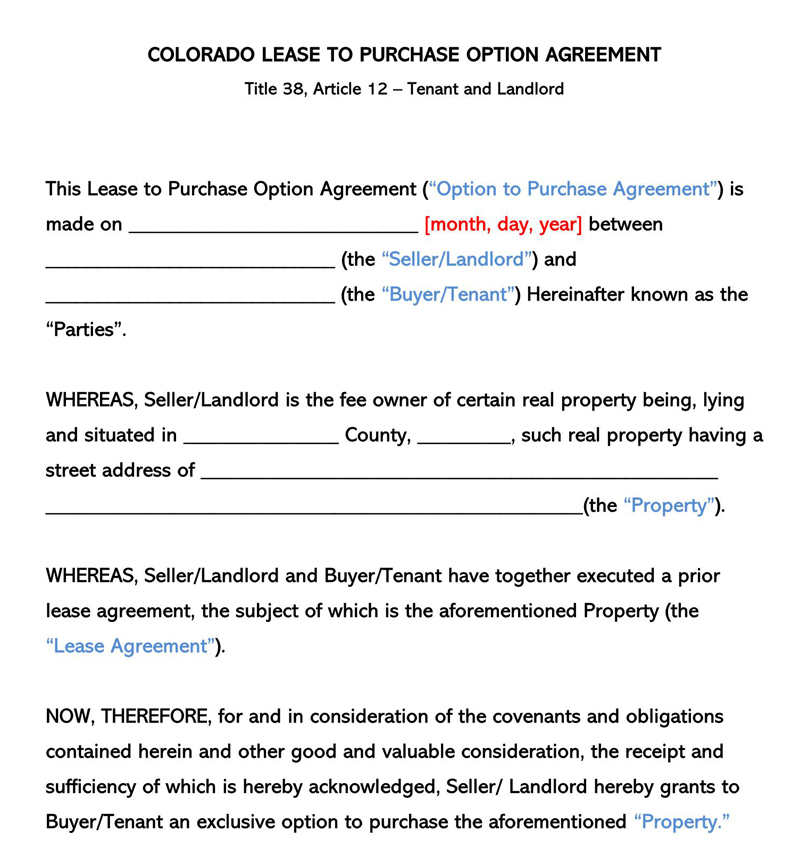 Colorado Lease to own option to Purchase Agreement
