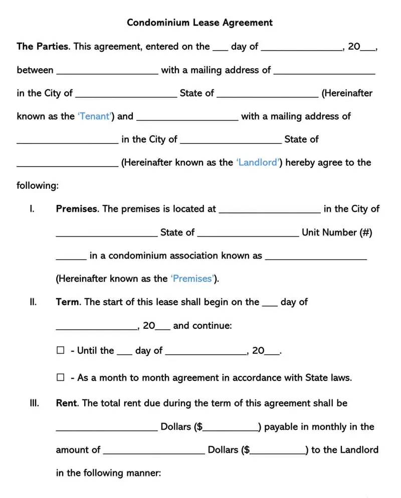 Condominium (Condo) Lease Agreement Templates - PDF
