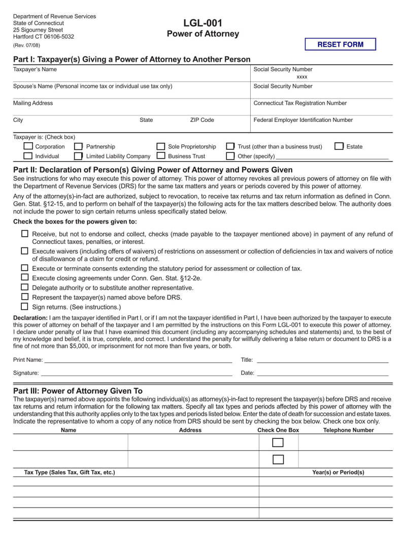 Connecticut State Tax POA (Form lgl-001)