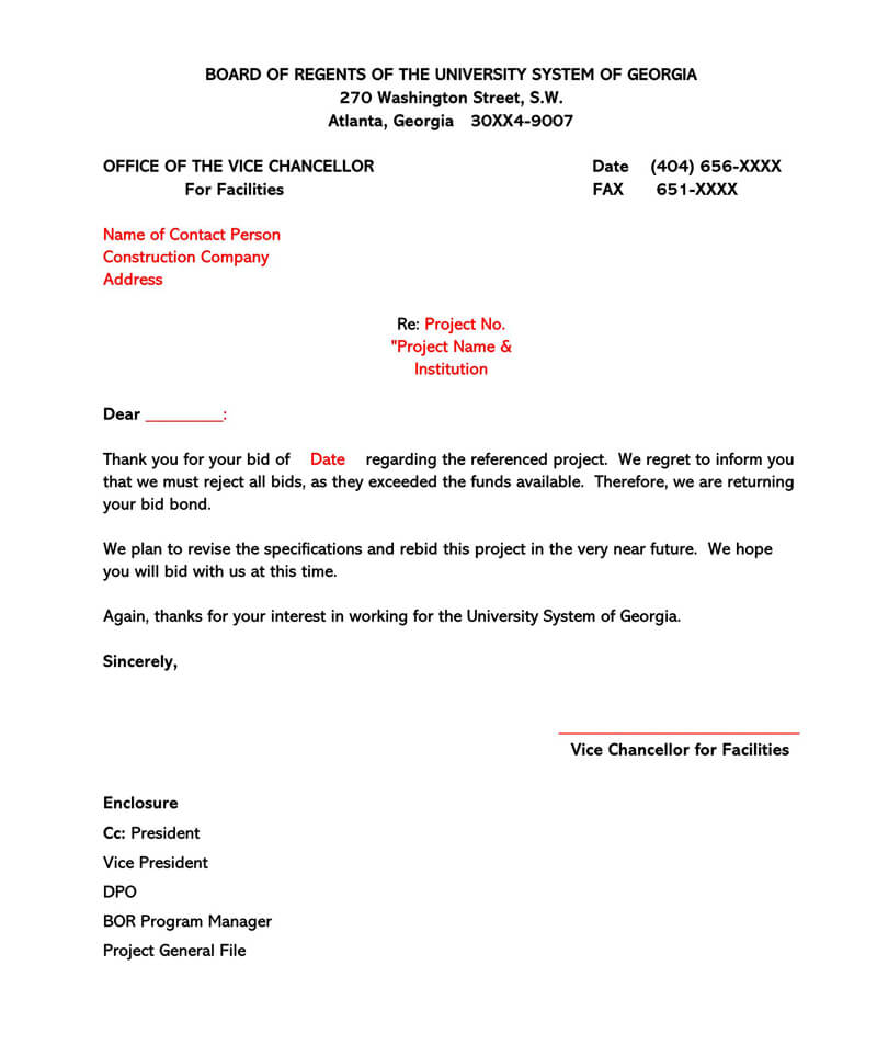 free Construction Bid Rejection Letter template
