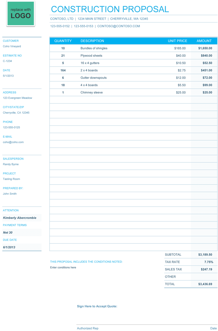 Construction Proposal Template for Excel