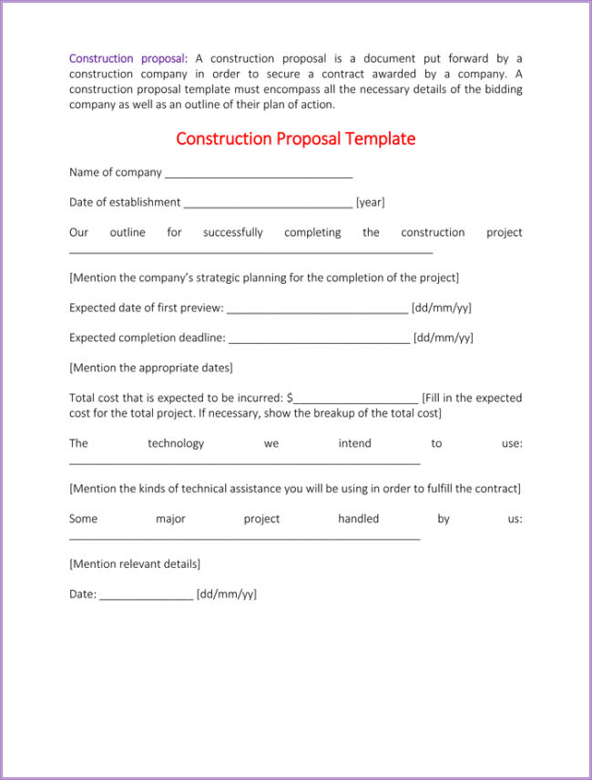 Construction Bid Template Word from www.wordtemplatesonline.net