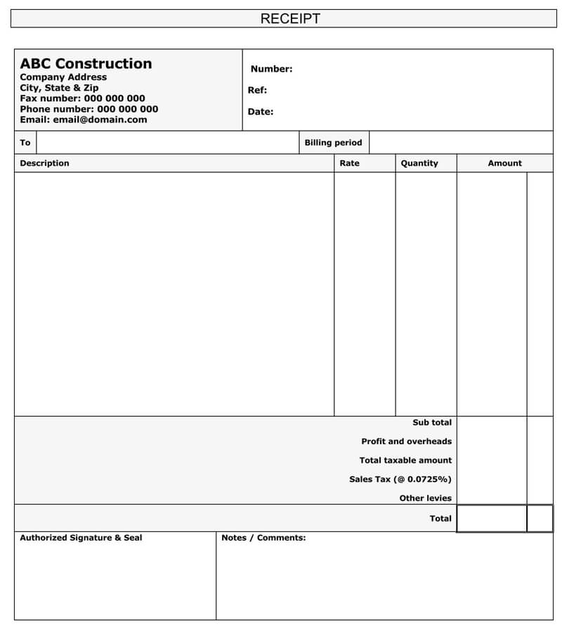 Construction Receipt Template - Ready for Use