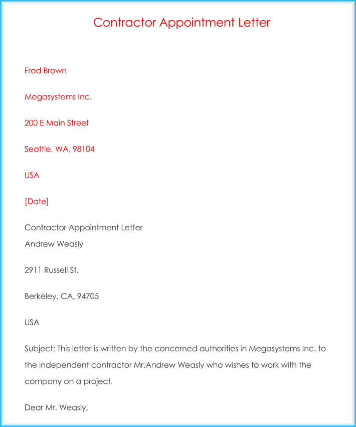 print contractor appointment letter
