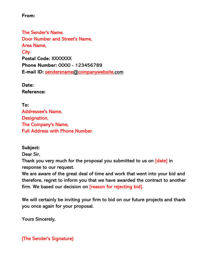 Great Professional Contractor Bid Rejection Letter Sample as Word Format