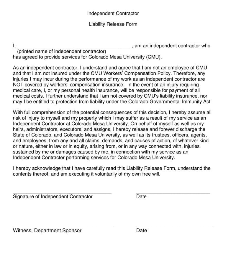Contractor Liability Waiver Form