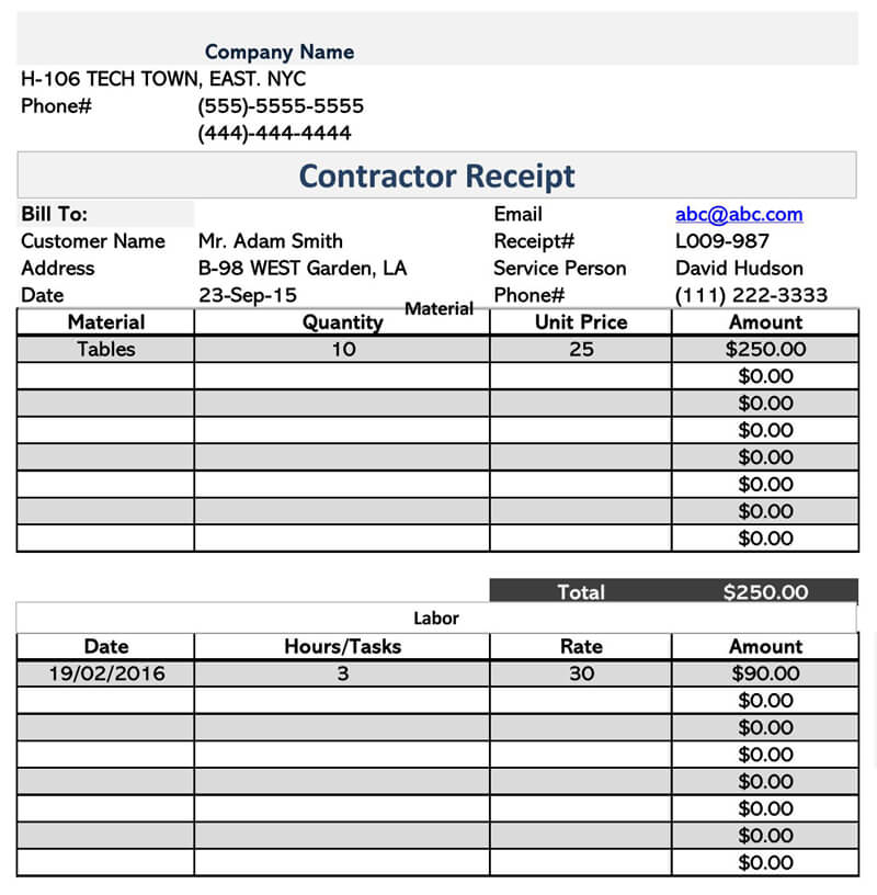 Contractor Receipt Template - Fillable Form