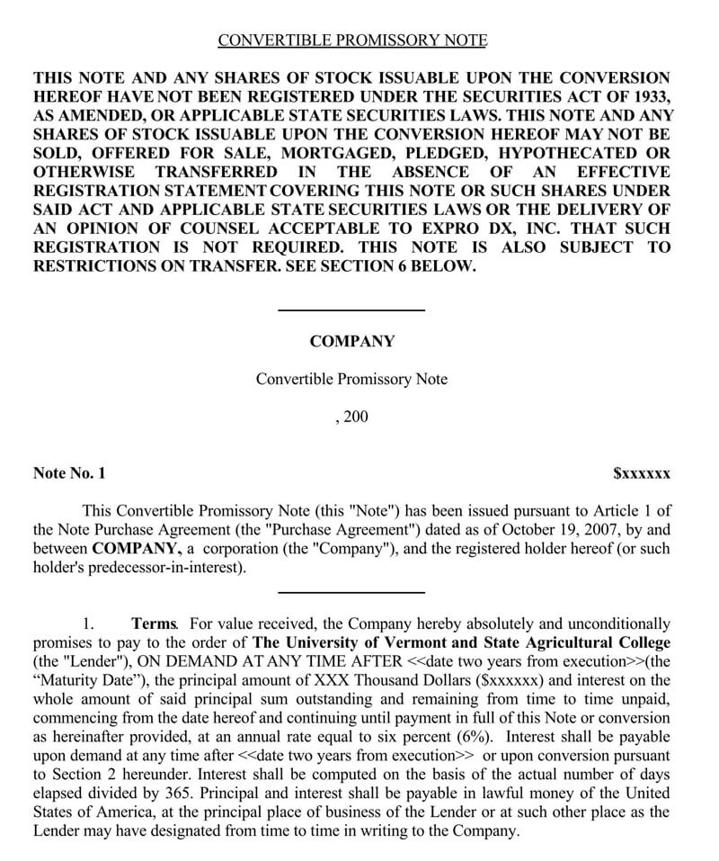 Example of unsecured promissory note template