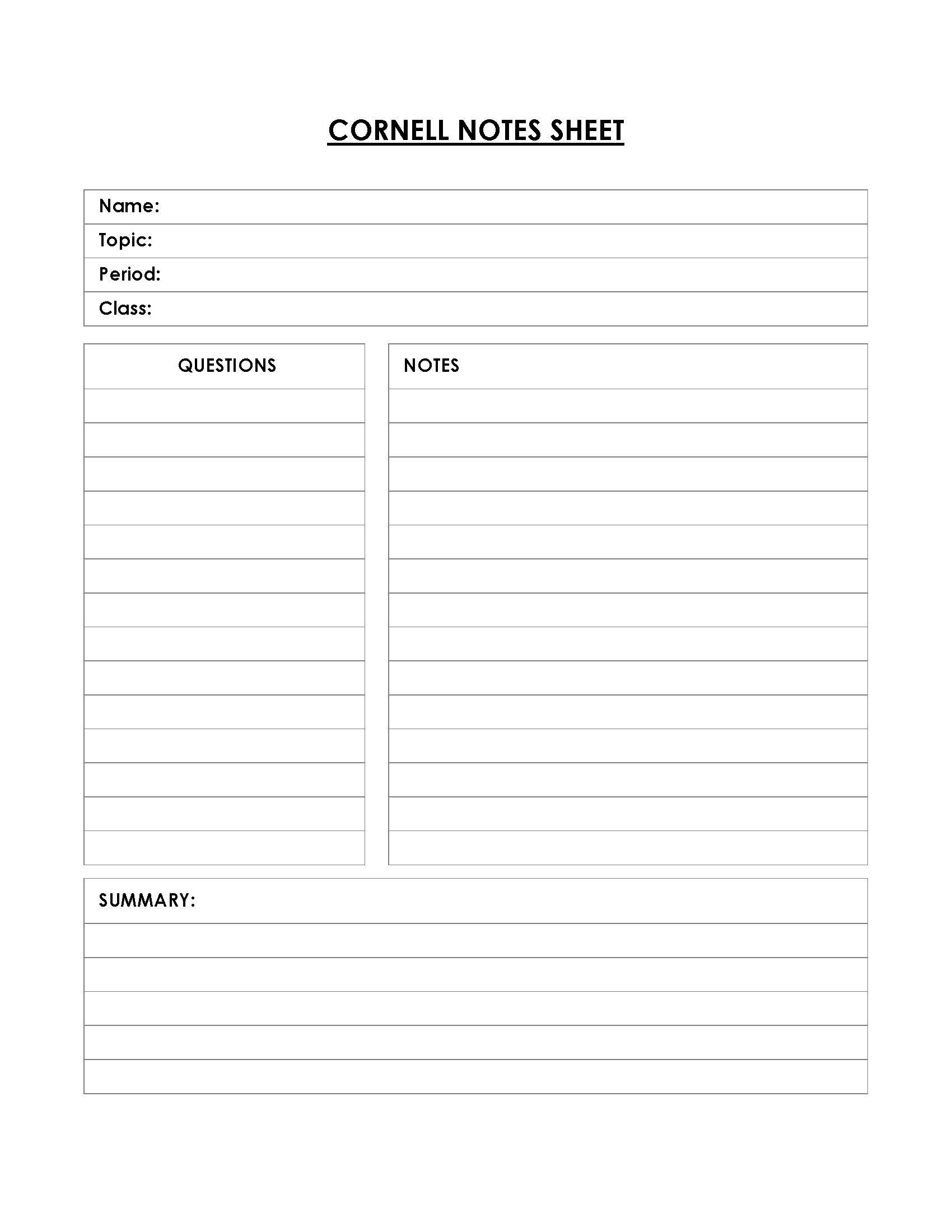 Free Cornell note template in word format