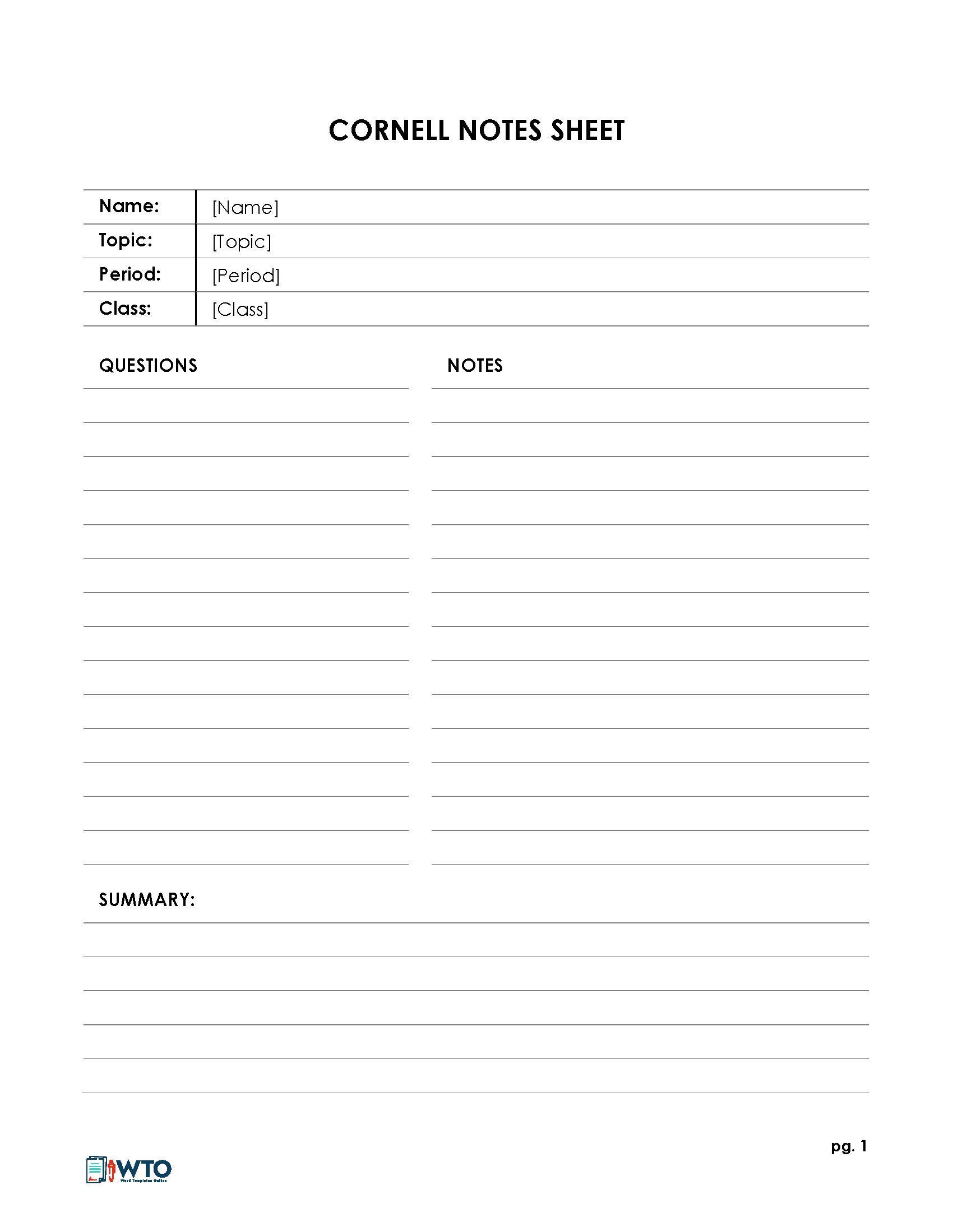 Excel Cornell Note Example Sample