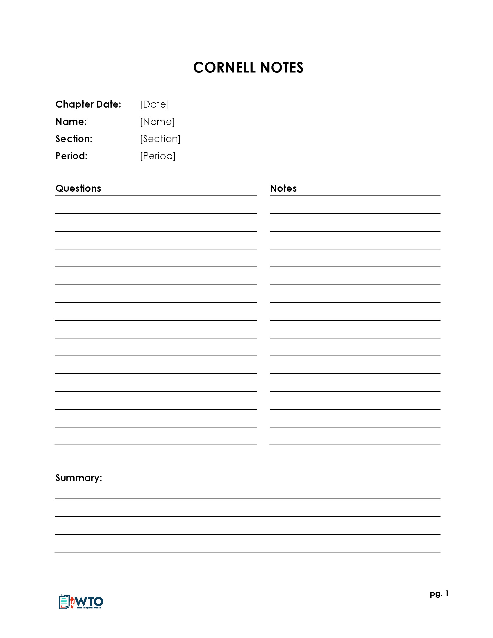 Printable Cornell Note Template Word Example
