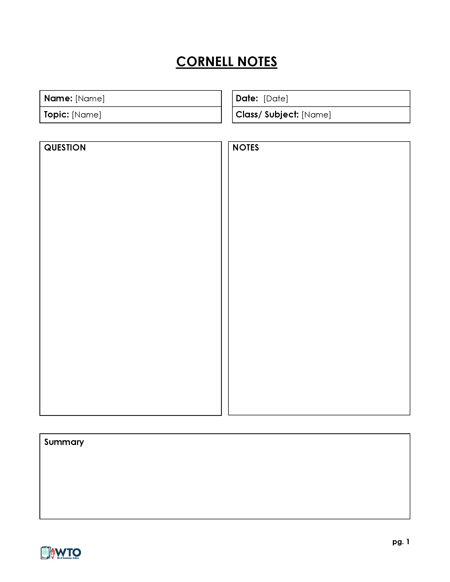 Customizable Cornell Note Template Word Sample