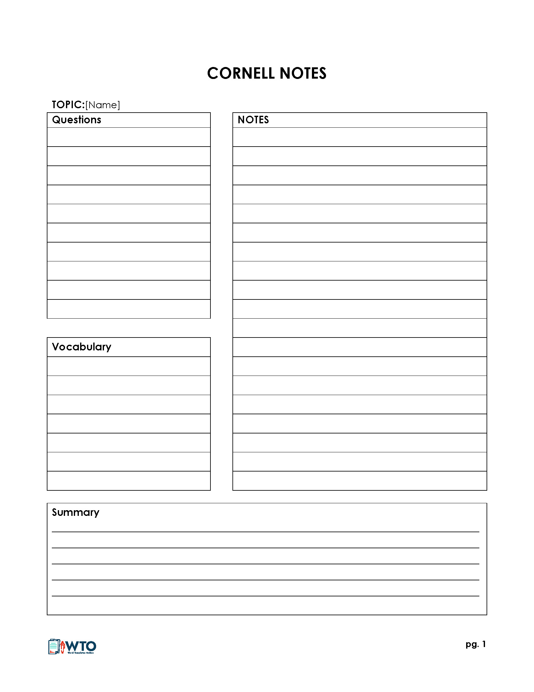 Editable Cornell Note Excel Template Sample