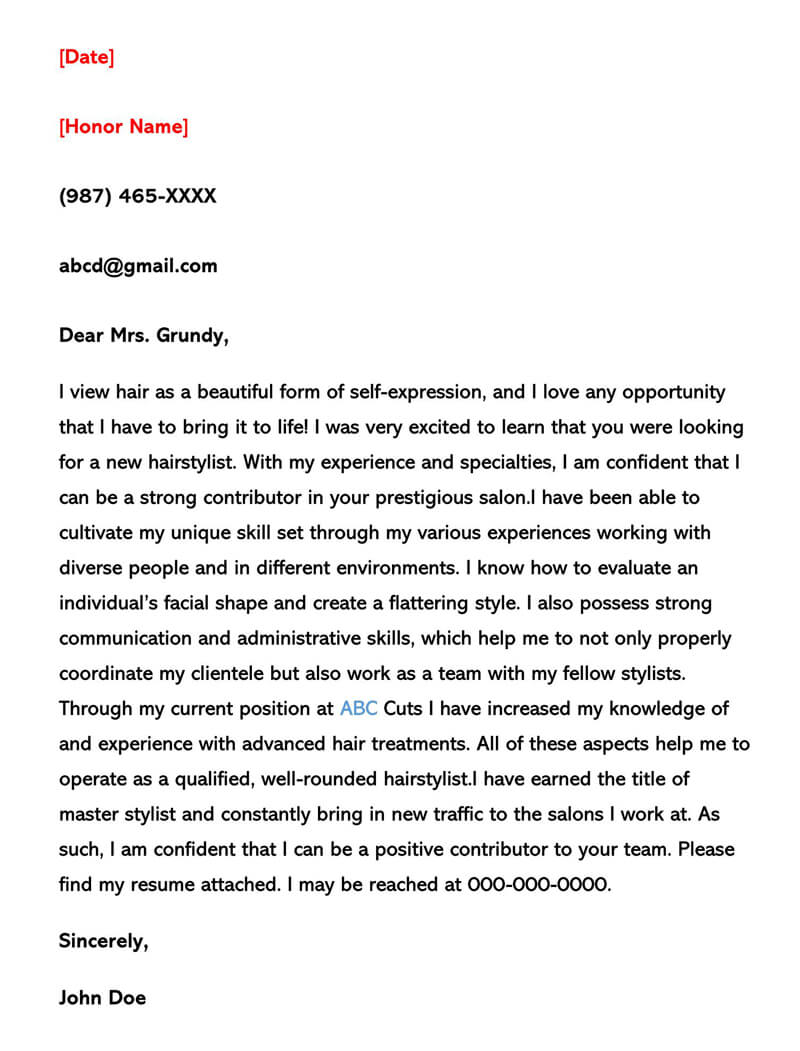 Great Professional Hair Stylist Cover Letter Sample 02 for Word File