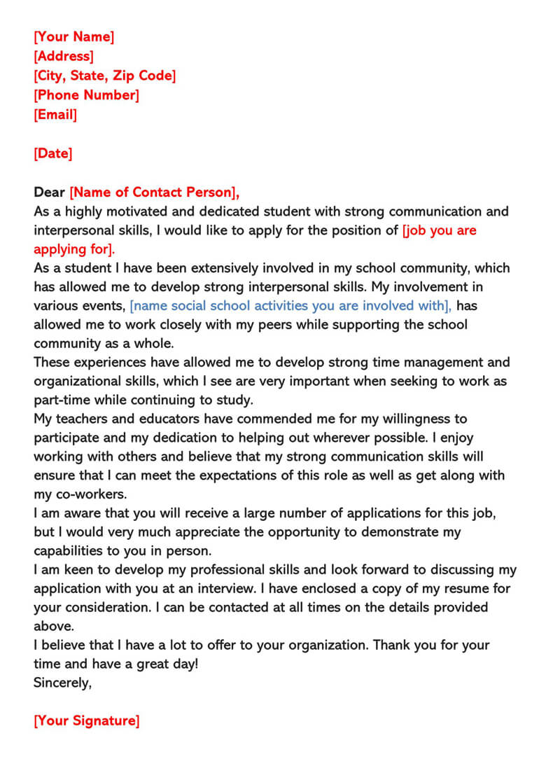 editable Cover Letter example for Part Time Job High School Student