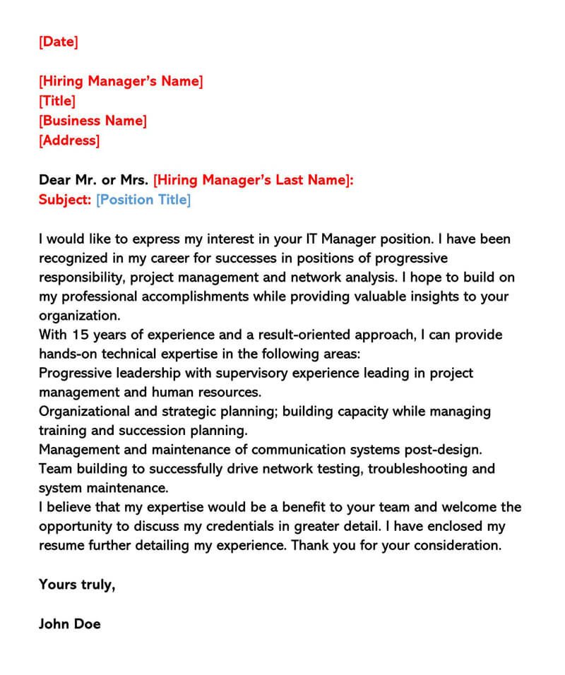 Cover Letter for IT Manager Position with Experience