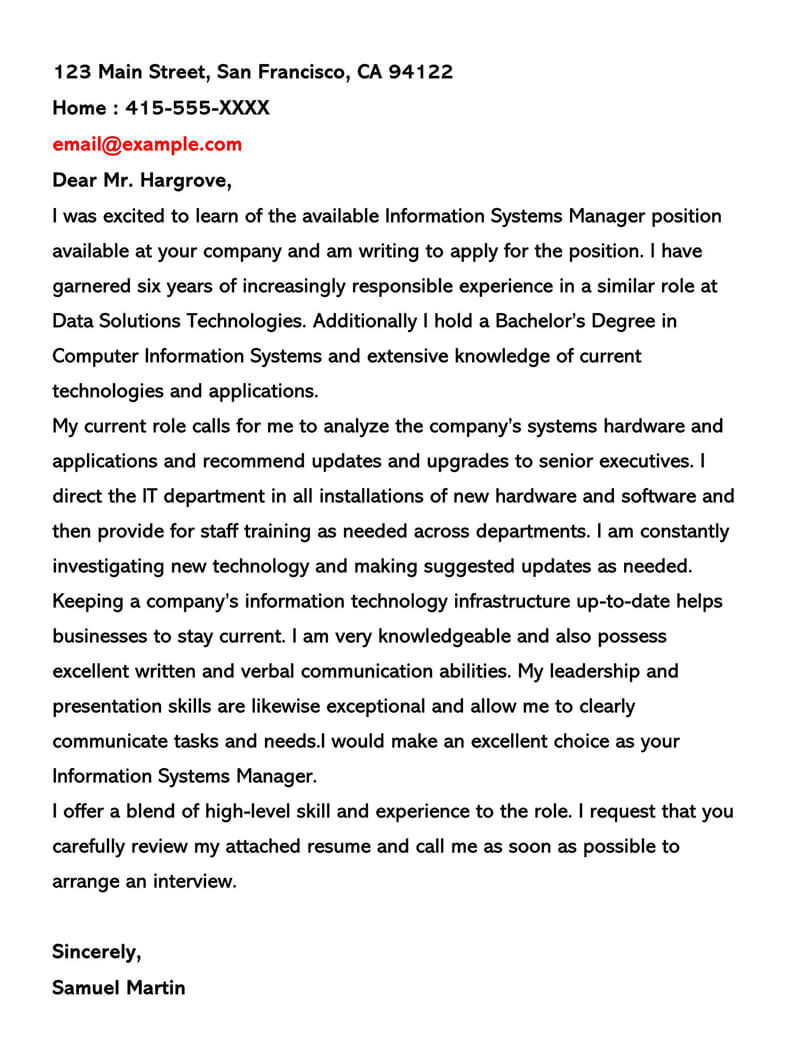 Cover Letter for Information System Manager Position