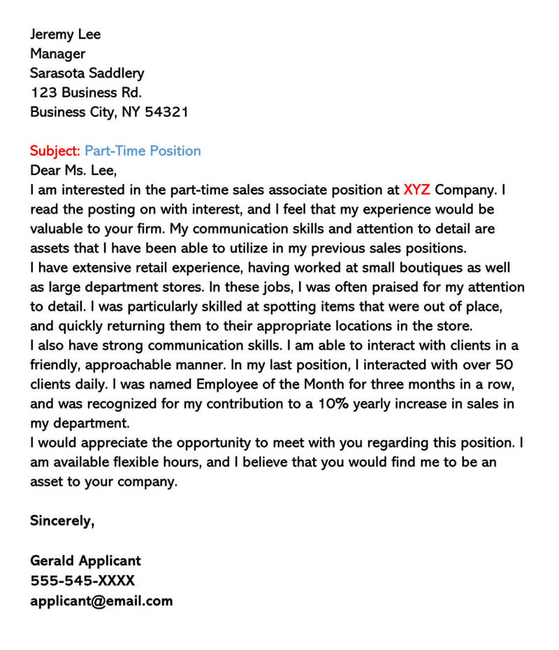 application letter sample for part time job