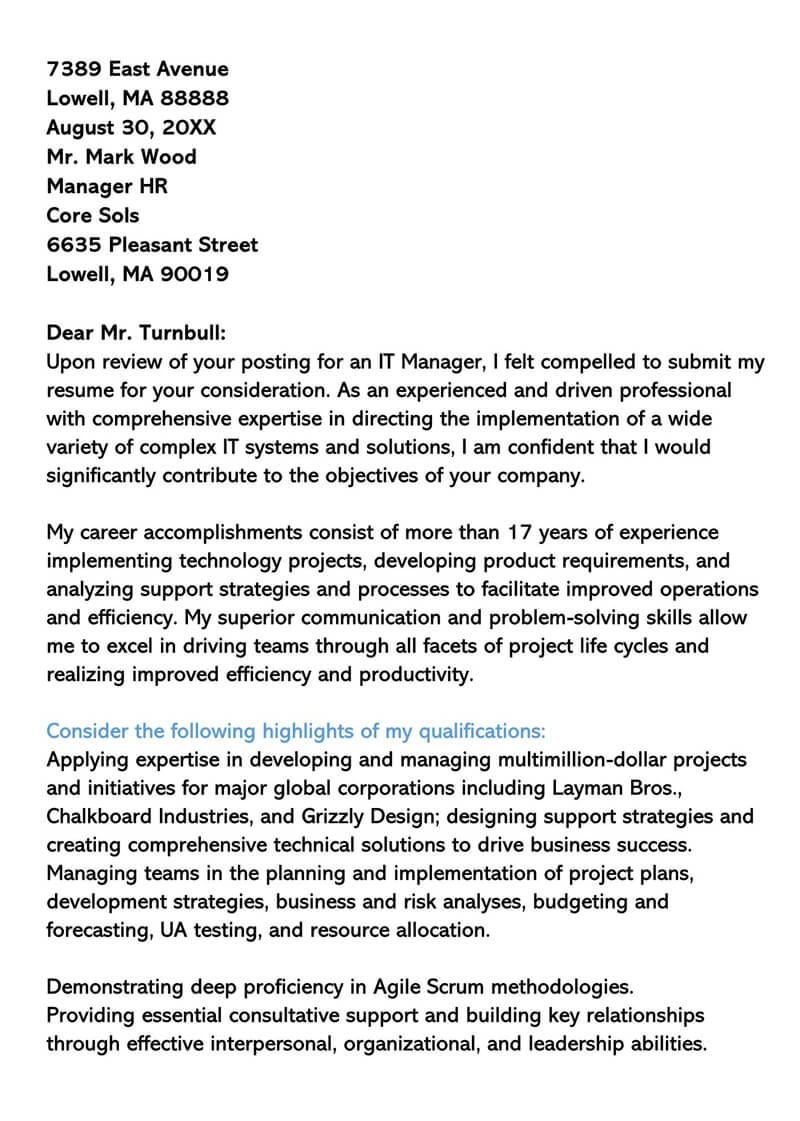 sample cover letter it manager