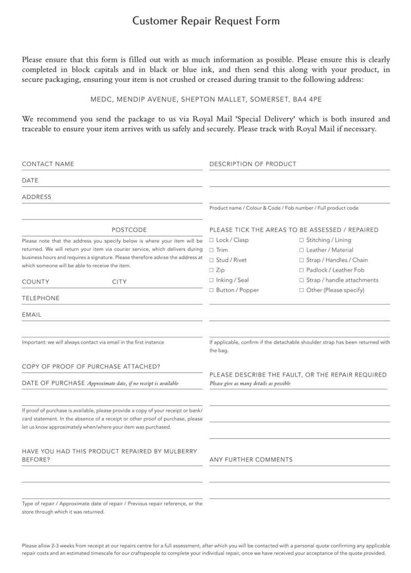 Great Printable Customer Repair Request Receipt Form 03 as Pdf File