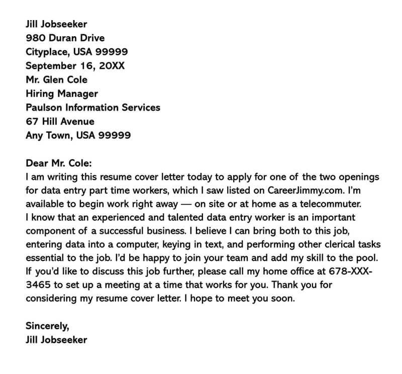 editable Data Entry Part-Time Job Cover Letter Example