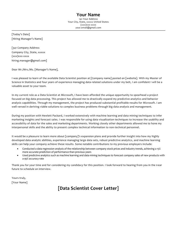 Data Scientist Cover Letter Sample