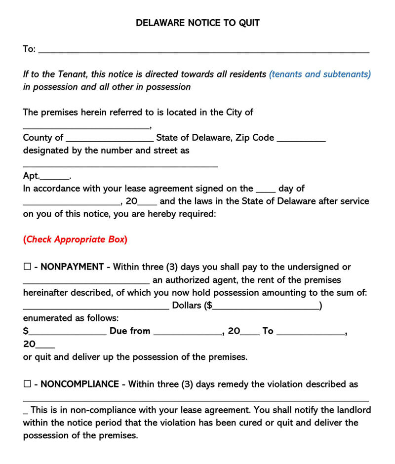 Delaware Eviction Notice Form