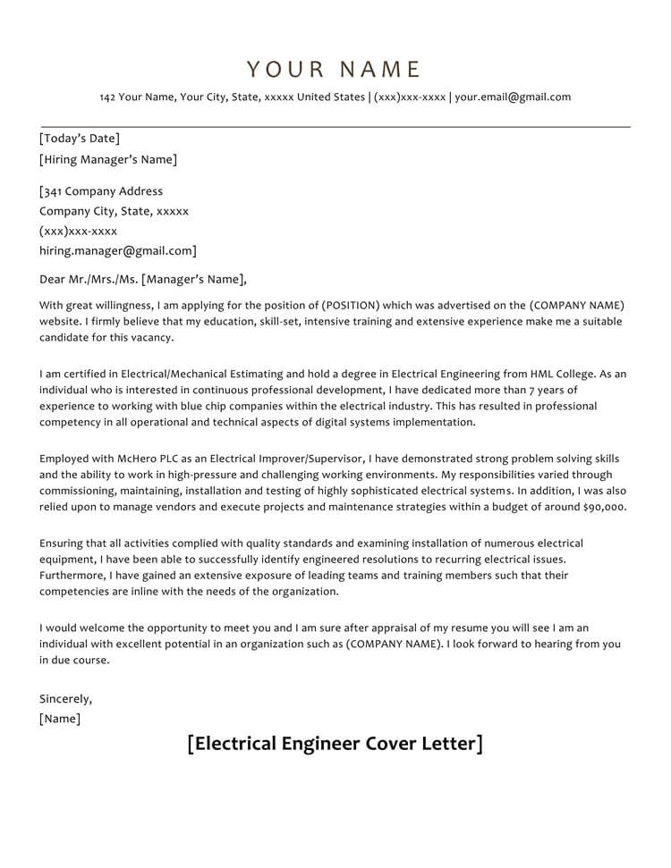 Printable engineering cover letter example for electrical engineer