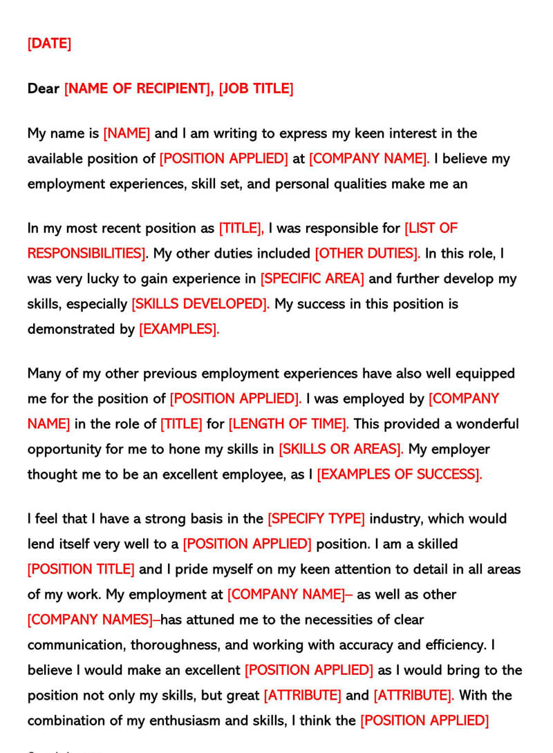 Email Cover Letter Template