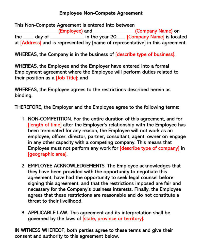 Free Downloadable Employee Non-Compete Agreement Template as Word File