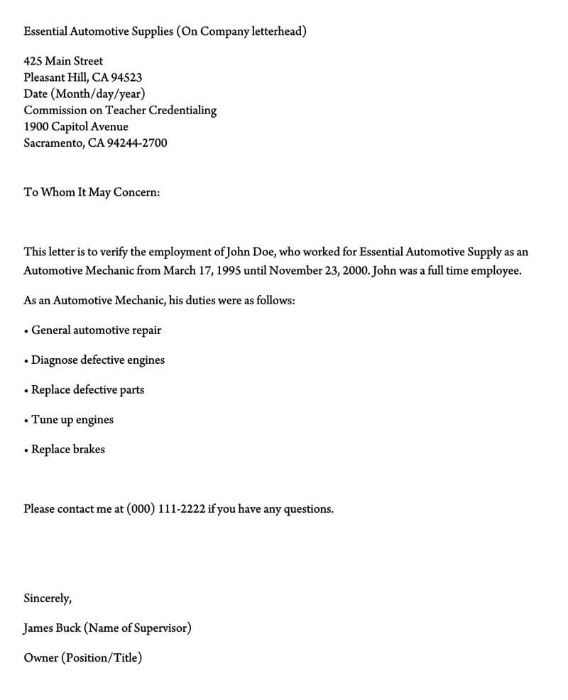 Free employment verification letter format template 01