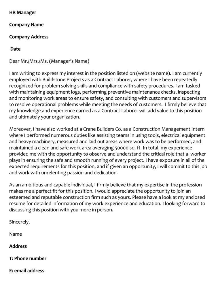 Printable entry level construction cover letter template with sample