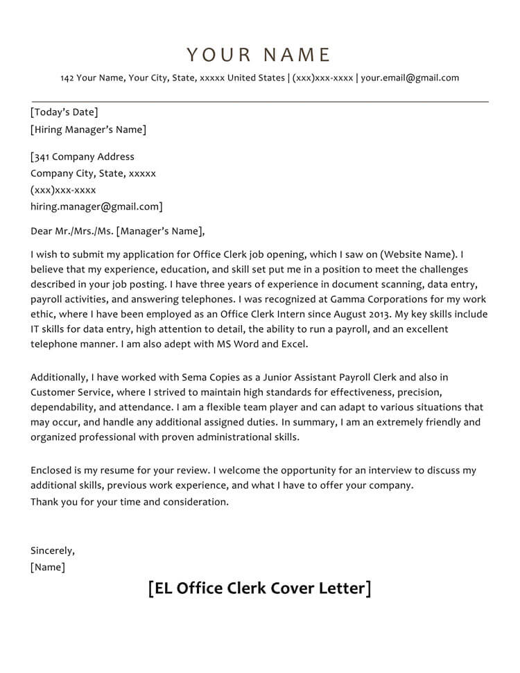 Entry-Level Office Clerk Cover Letter Sample