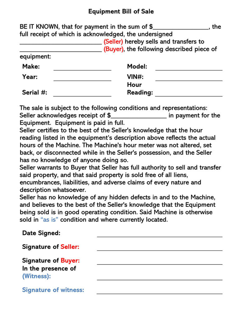 Printable Equipment Bill of Sale Form 03