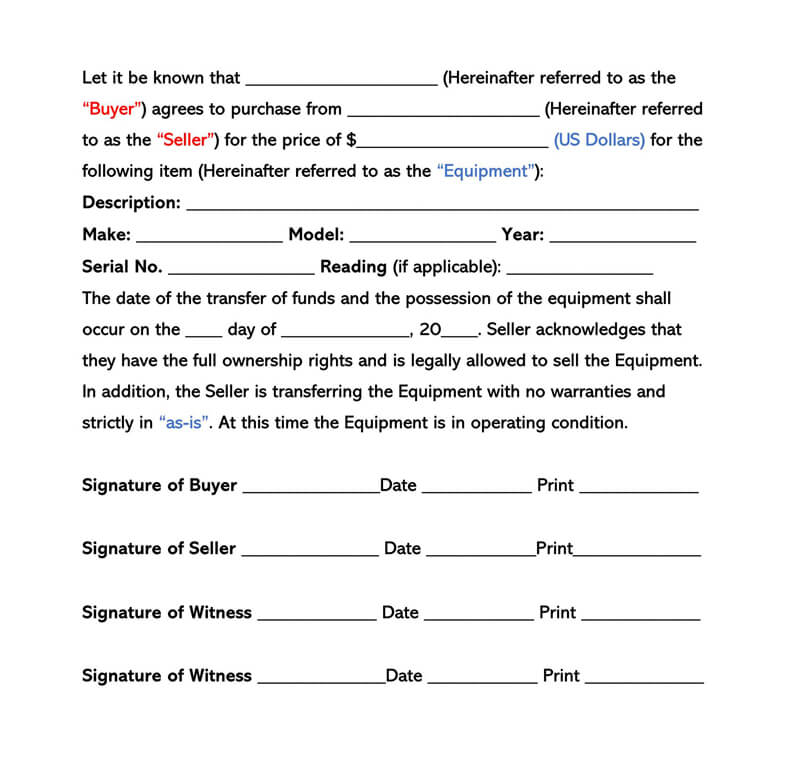Free Equipment Bill of Sale Form Template