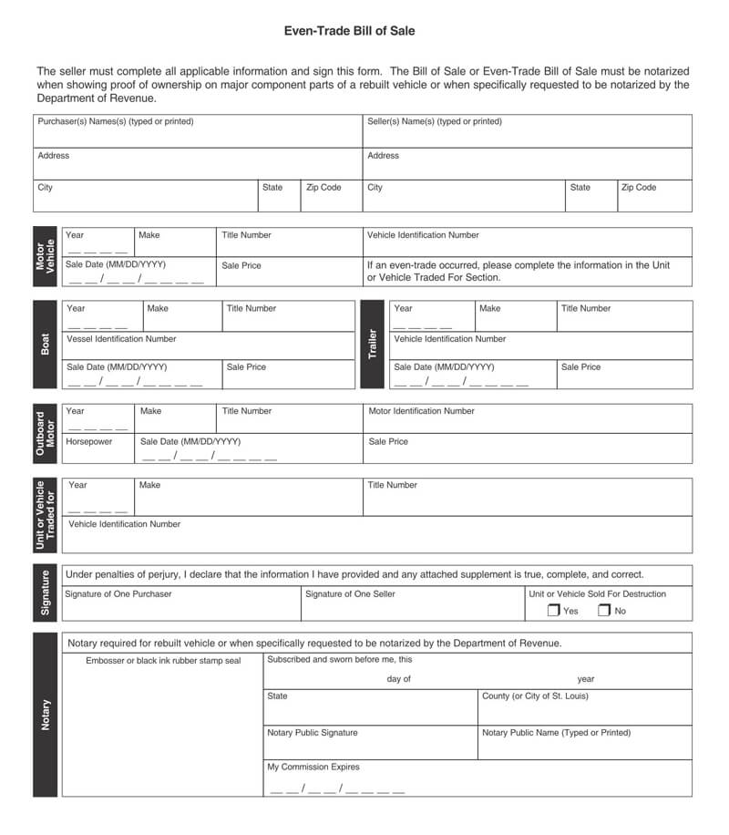 Even Trade Bill of Sale Form