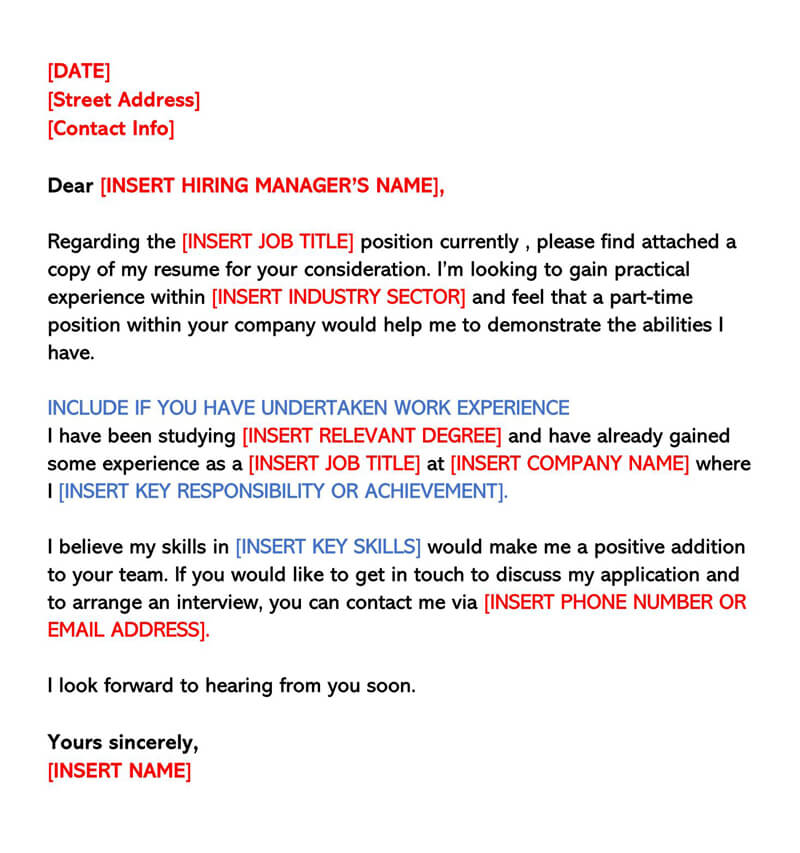 Printable Example Cover Letter for Part-Time Job Sample for Word File