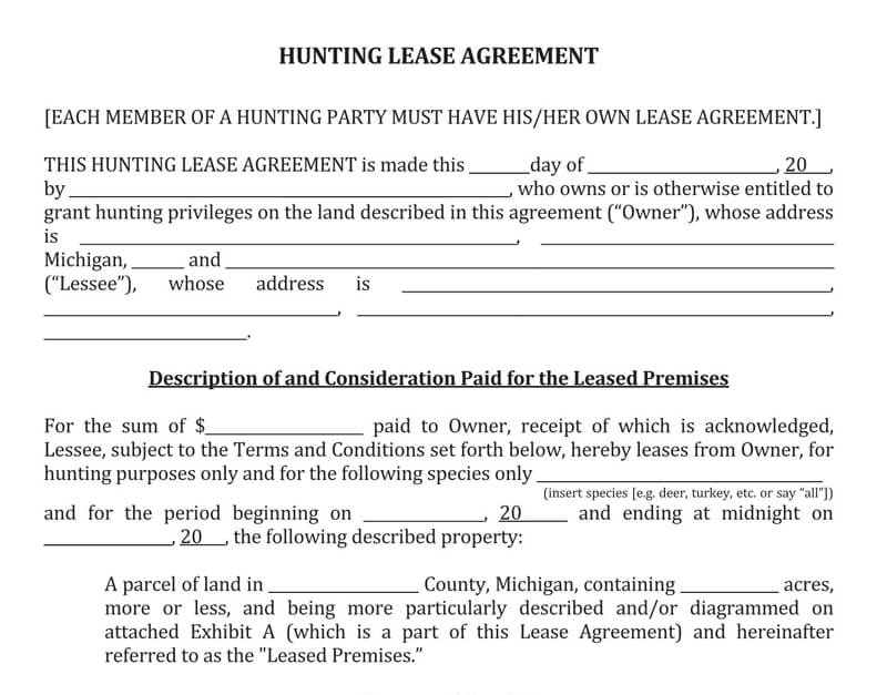 Printable Hunting Lease Agreement Template 02 for PDF