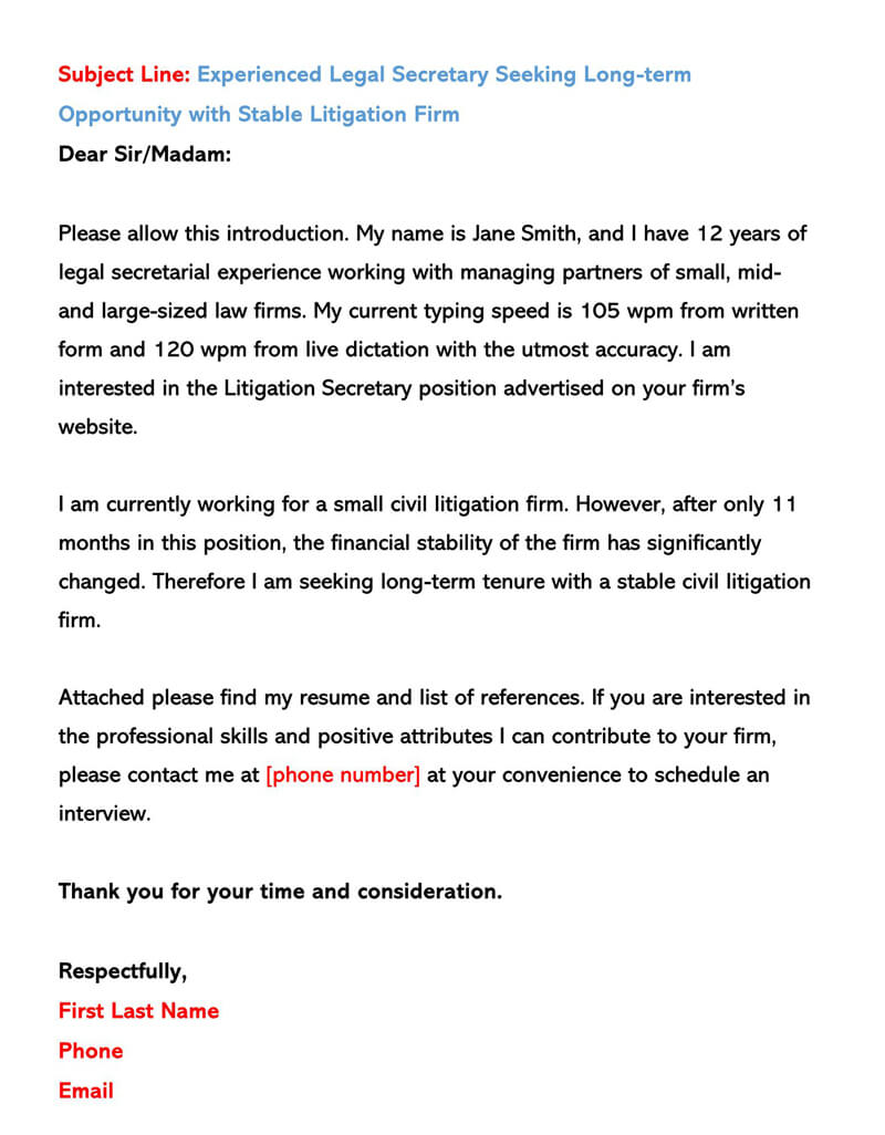 Editable Experienced Legal Secretary Email Cover Letter