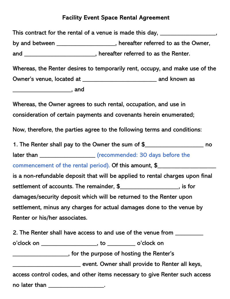 Free Facility Event Space Rental Agreement Template