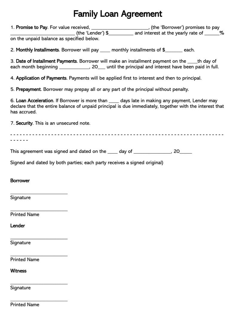 Family Loan Agreement Word Template 07