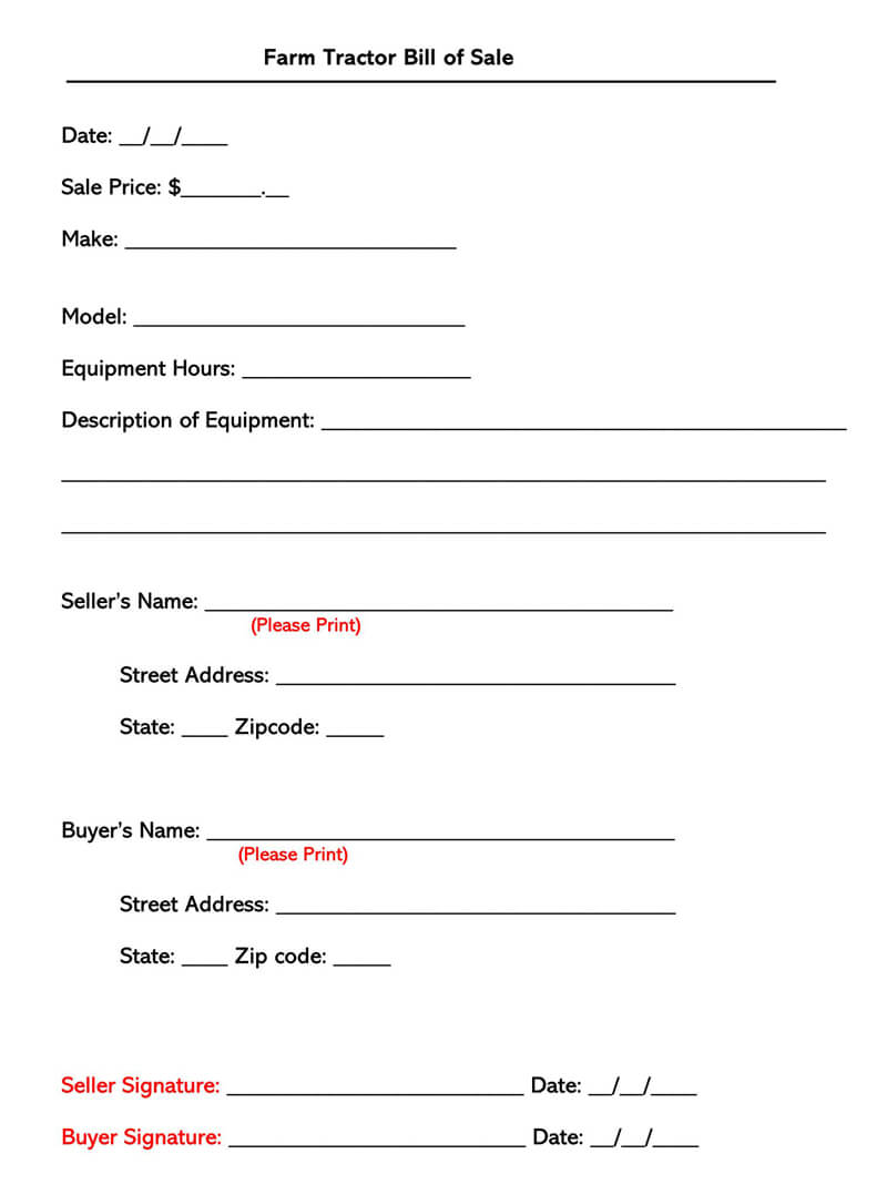 Free Tractor Bill Of Sale Forms Templates Word Pdf Farm equipment bill of sale form