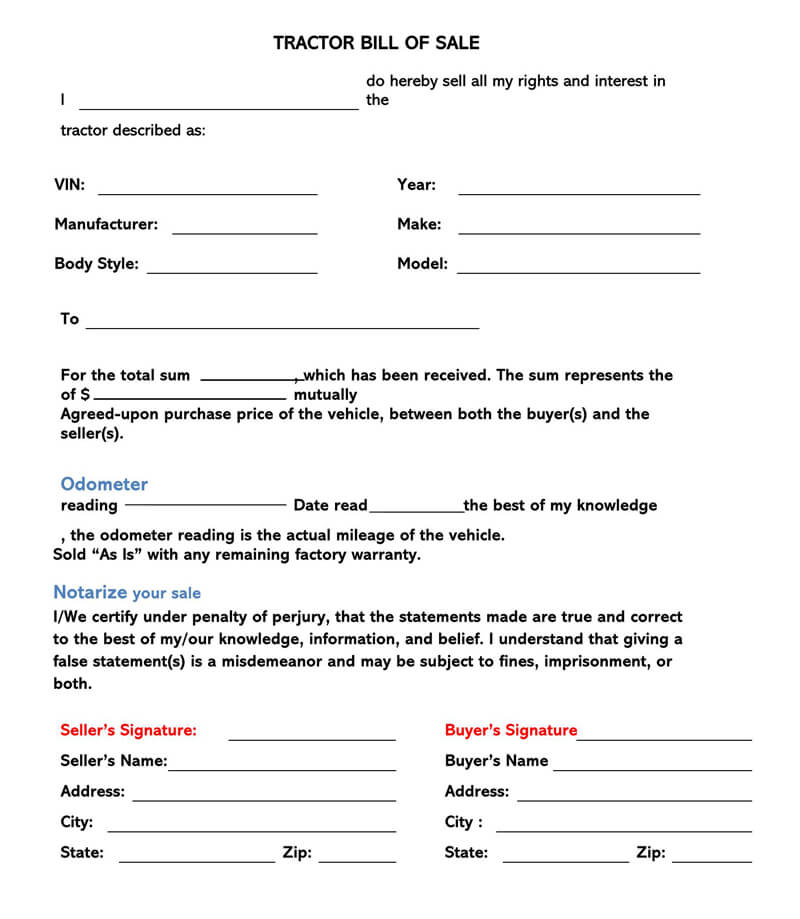 Free Tractor Bill Of Sale Forms How To Fill Word PDF