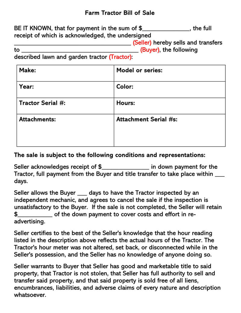 Tractor Bill Of Sale Template